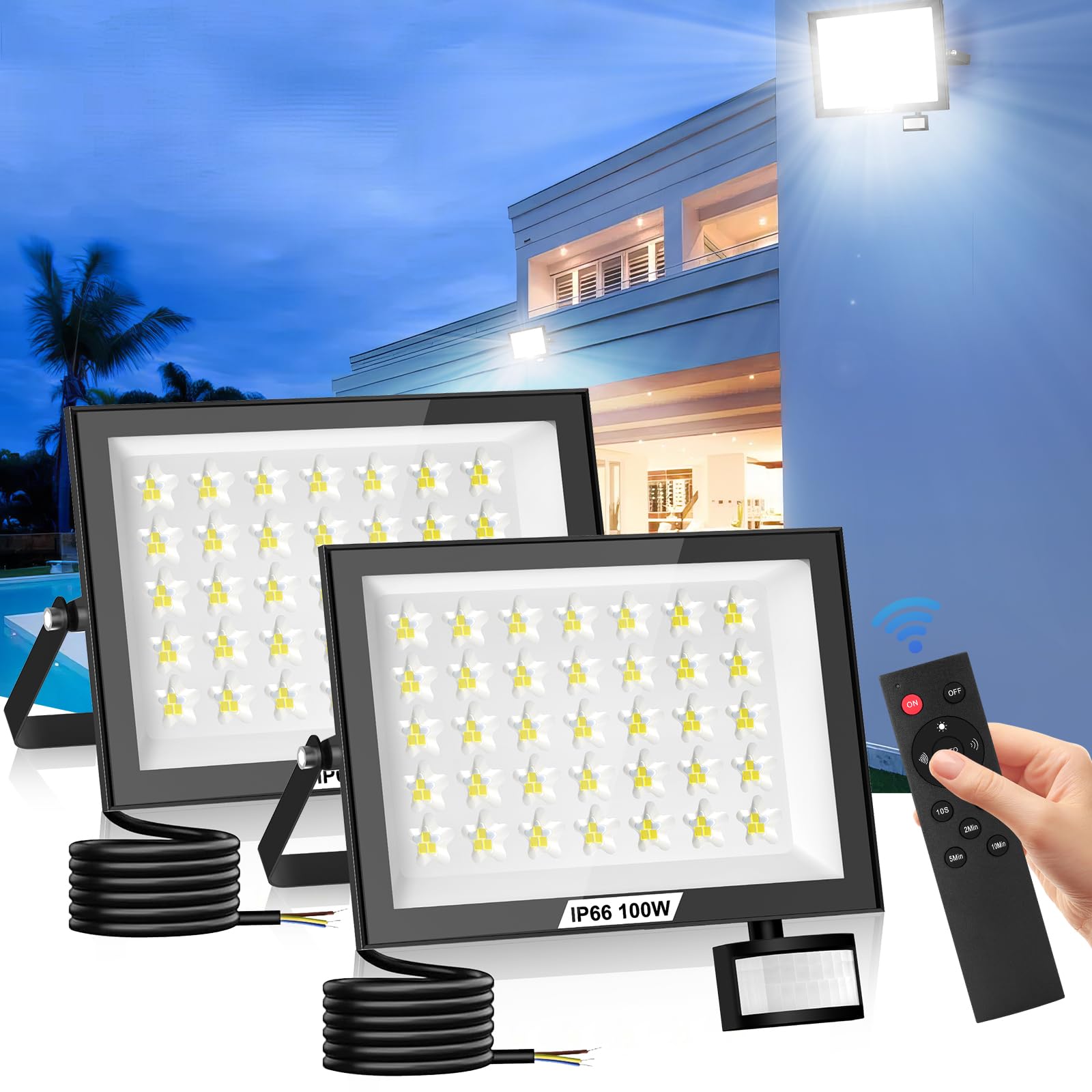 LED Strahler mit Bewegungsmelder Außen 100W 10000 Lumen Fluter Flutlicht - 2er 6500K 180°Erfassungsbereich Scheinwerfer mit Fernbedienung IP66 Wasserdicht Außenstrahler für Garten Hof Garage