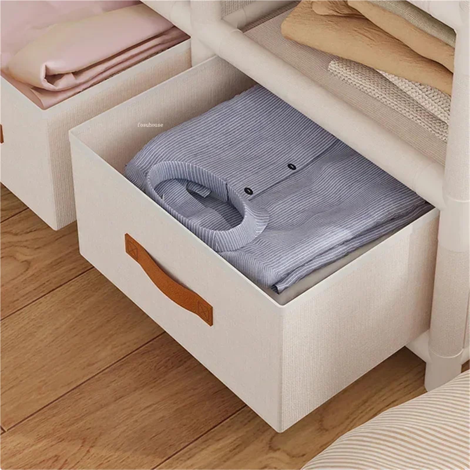 Leinwand-Kleiderschrank Moderner mehrschichtiger Stoff-Kleiderschrank mit offenen Schubladen, tragbarer Kleiderschrank for Zuhause, Schlafzimmer, Kleiderbügel-Aufbewahrung(White-no Drawer-A)