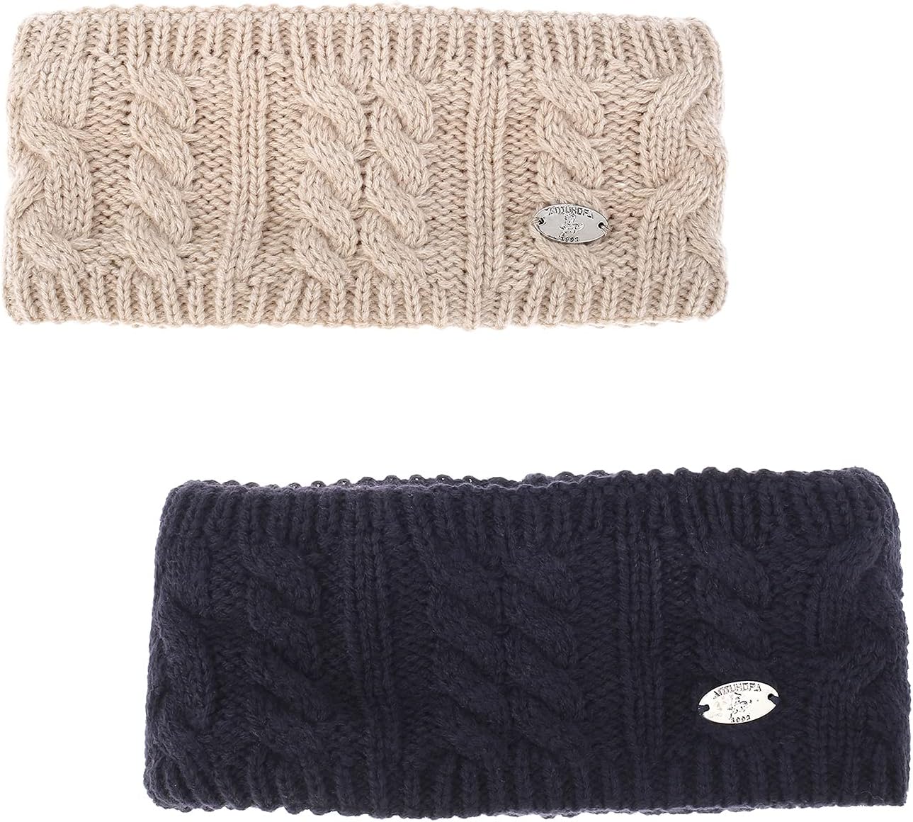 Women's Winter Warm Earmuffs Cable Knitted Headband Knitted Ear Warmer Crochet Hairpiece Lined with Soft Fleece Lining (Navy and Beige)