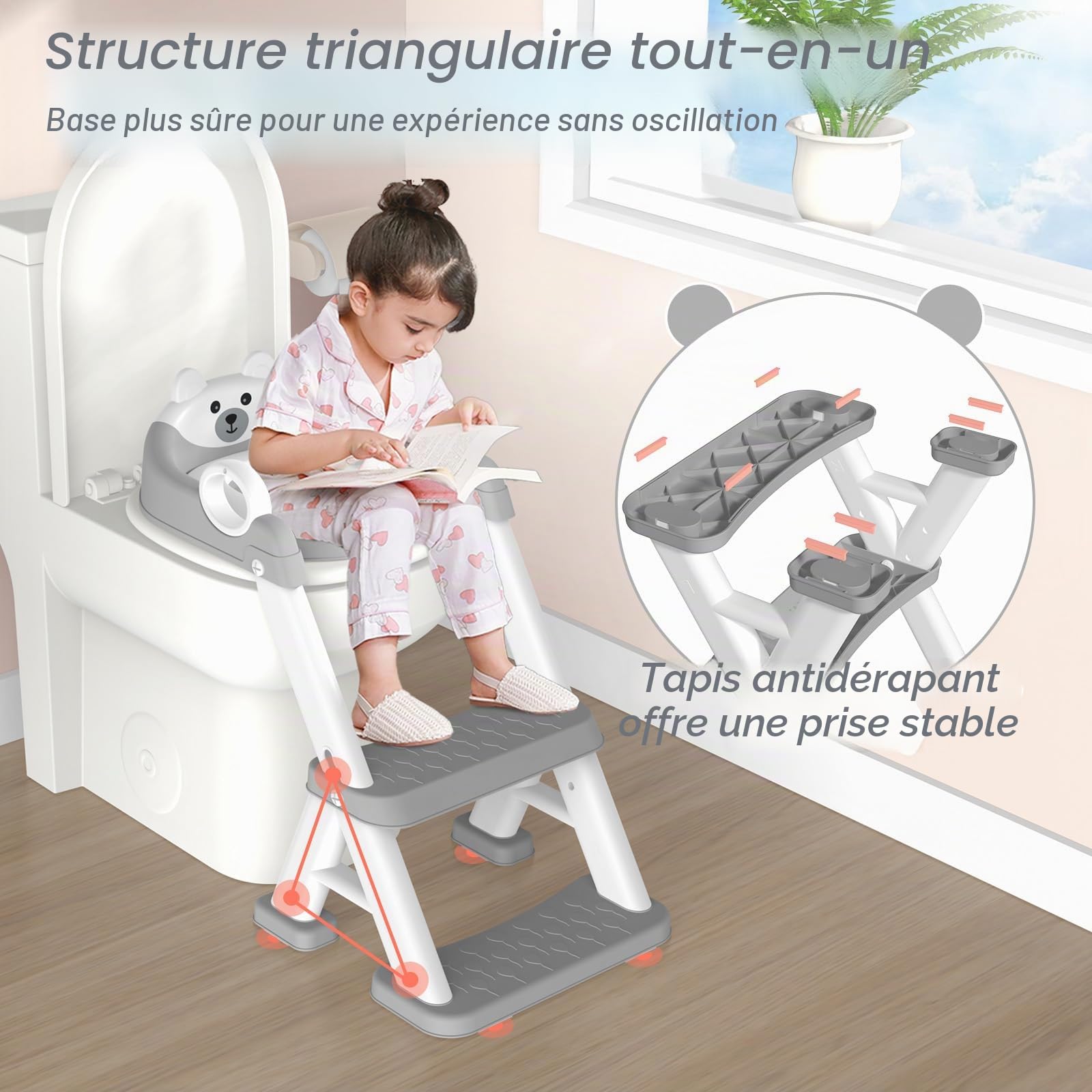 Reducteur Toilette Enfant, 2 en 1 Rehausseur Toilette Enfant pour Garçons et Filles, Siège de Toilette Enfants avec Escalier Pédale Allongée et Coussin, Abattant WC Antidérapant Échelle Réducteur Gris
