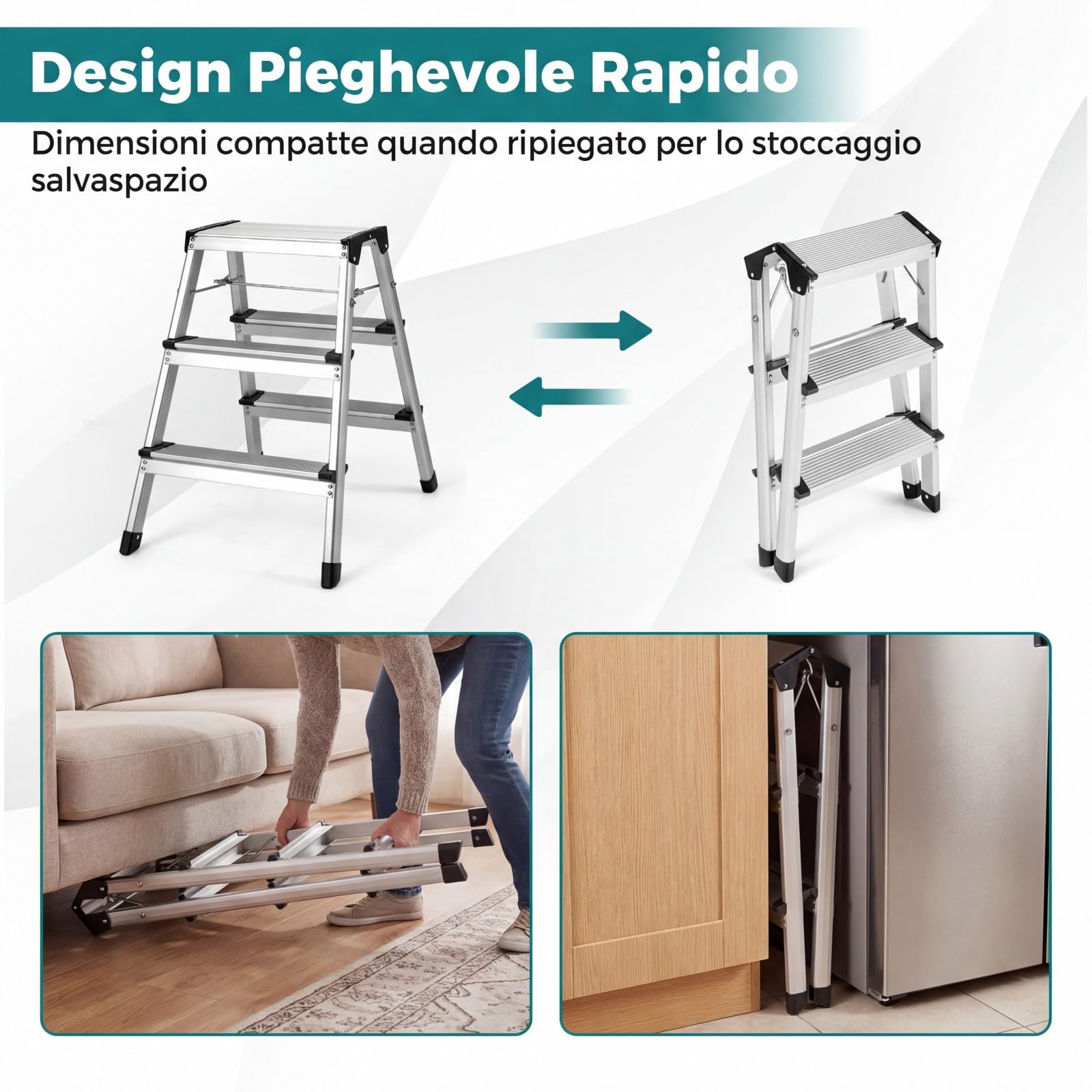 COSTWAY Scaletta Pieghevole in Alluminio, Scala a 3 Gradini Doppia con Pedane Larghe e Piedini Antiscivolo, Struttura Leggera, Portata 150 kg, per Casa, Ufficio e Garage