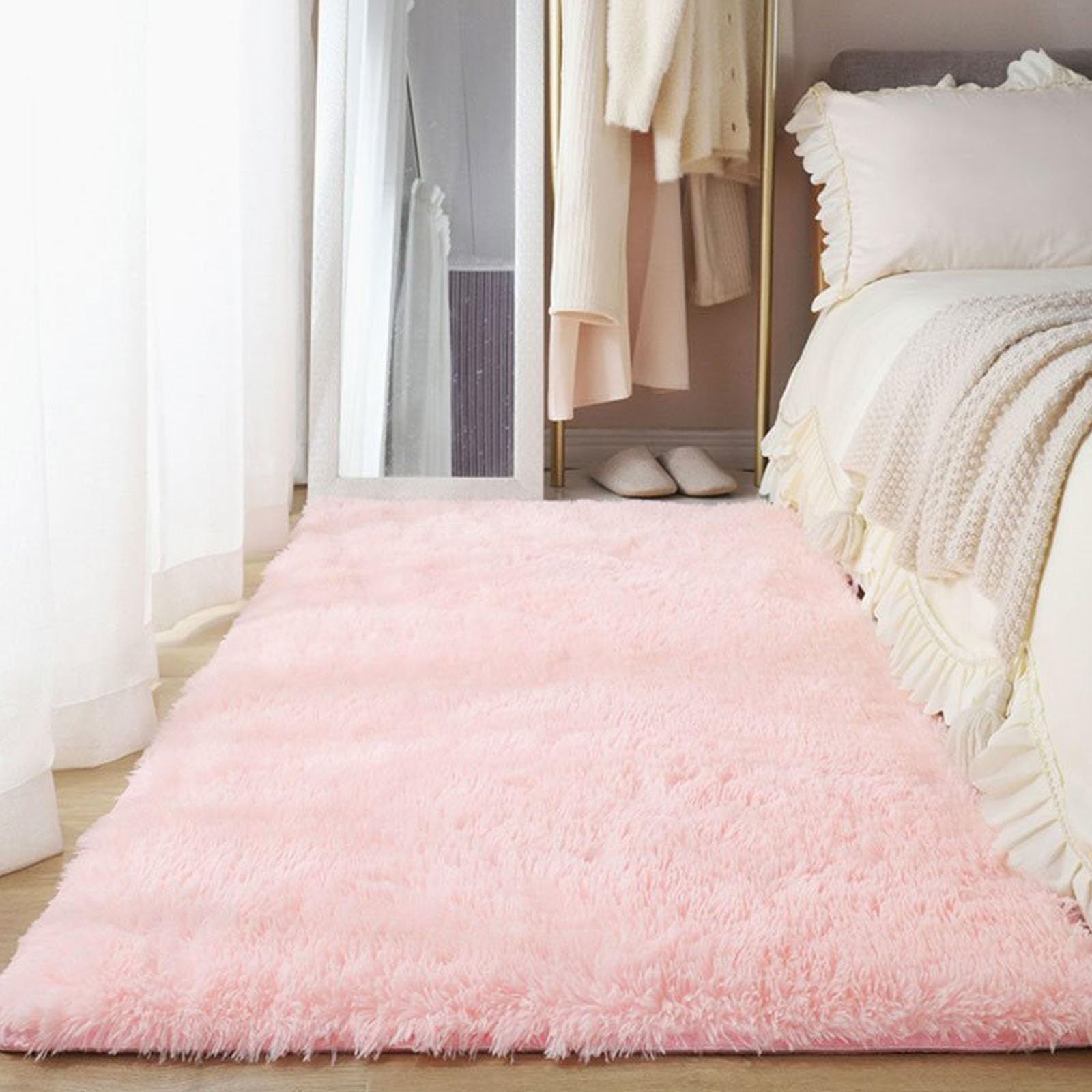 Shaggy Teppich Moderner Teppich 140 x 160 cm Flauschig Weicher, Maschinenwaschbarer Hochflor Wohnzimmer Teppich Hochflor Flauschig Teppich für Schlafzimmer, Wohnzimmer, Rosa