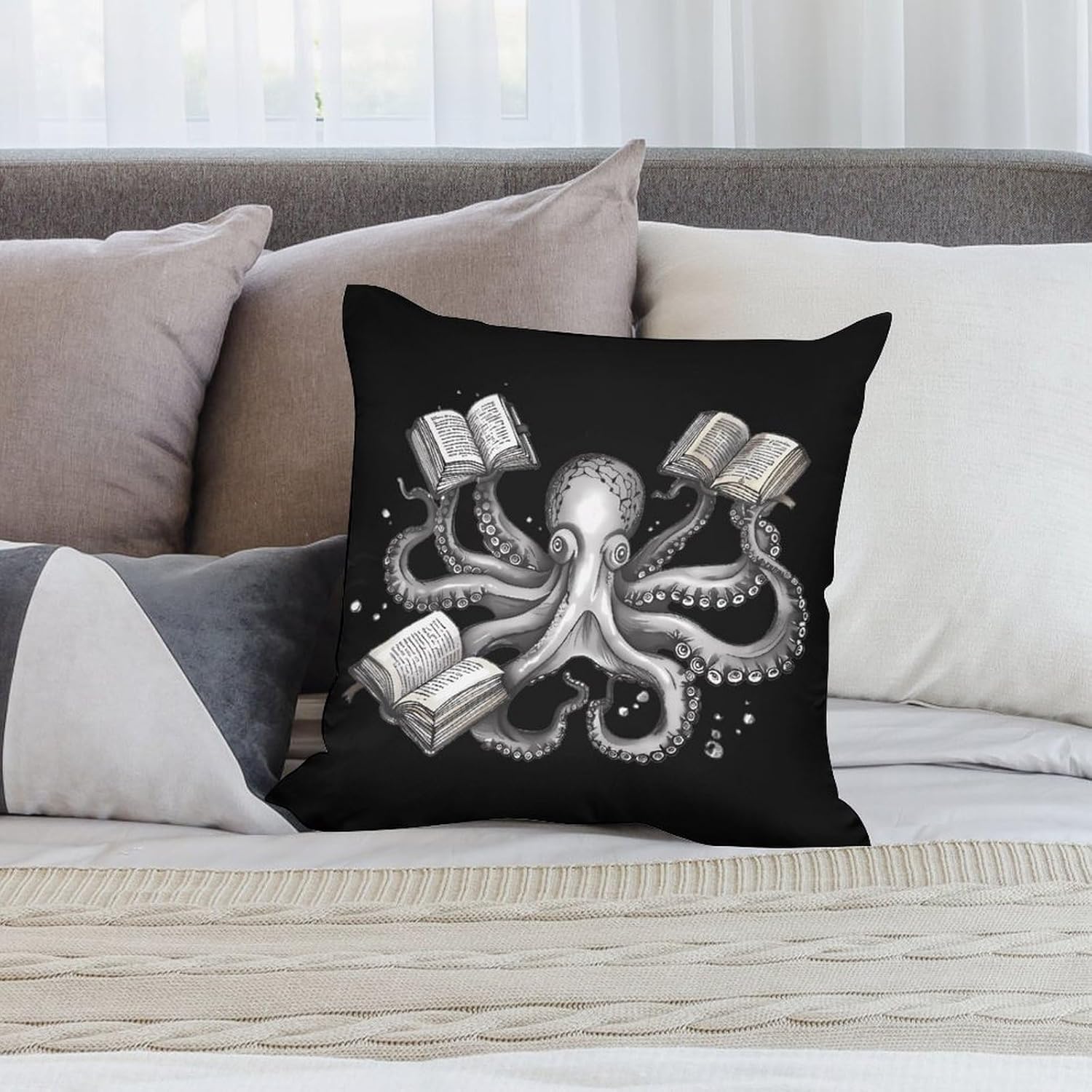 Octopus Armed with Knowledge Printed Throw Pillow Case 4 Pcs Soft Pillowcases Pillows Covers Sofa Bed Decor 12/14/16/17/18/20/22/24/32 Inches