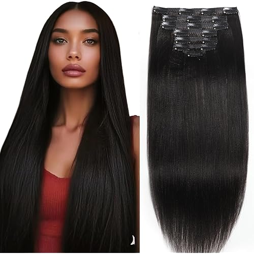 Anrosa Yaki Hair Clip in Yaki Hair Extensions Clip in Human Hair for African American Yaki Straight Clip ins Natural Hair Thick Volume Natural #1B 10 inch 120 Gram