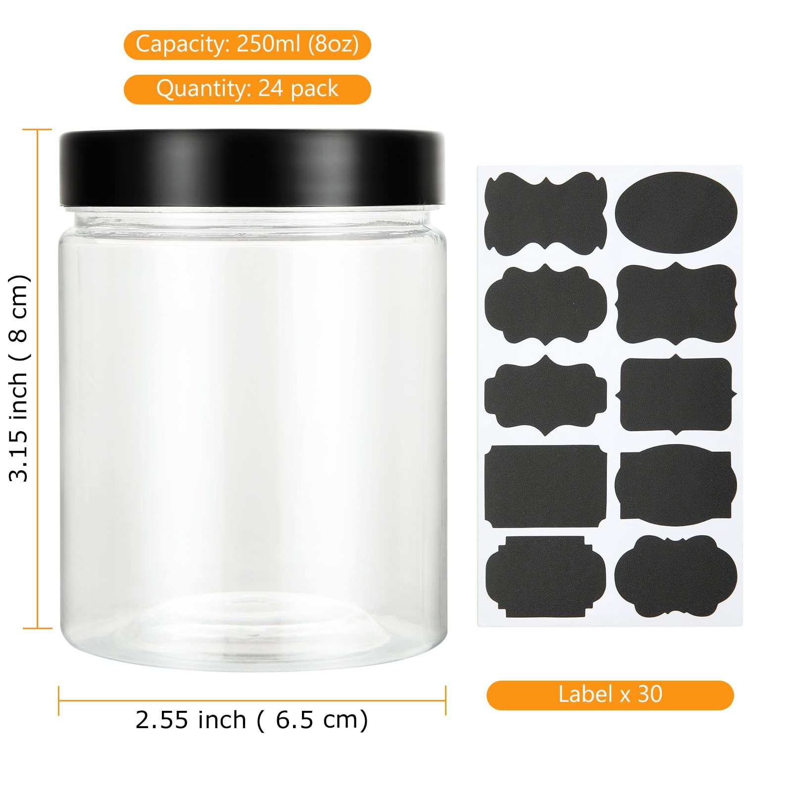 24 tarros de plástico de 250 ml con tapas, tarros de plástico transparente pequeños tarros de plástico con tapas de rosca negras, manualidades, almacenamiento de cocina