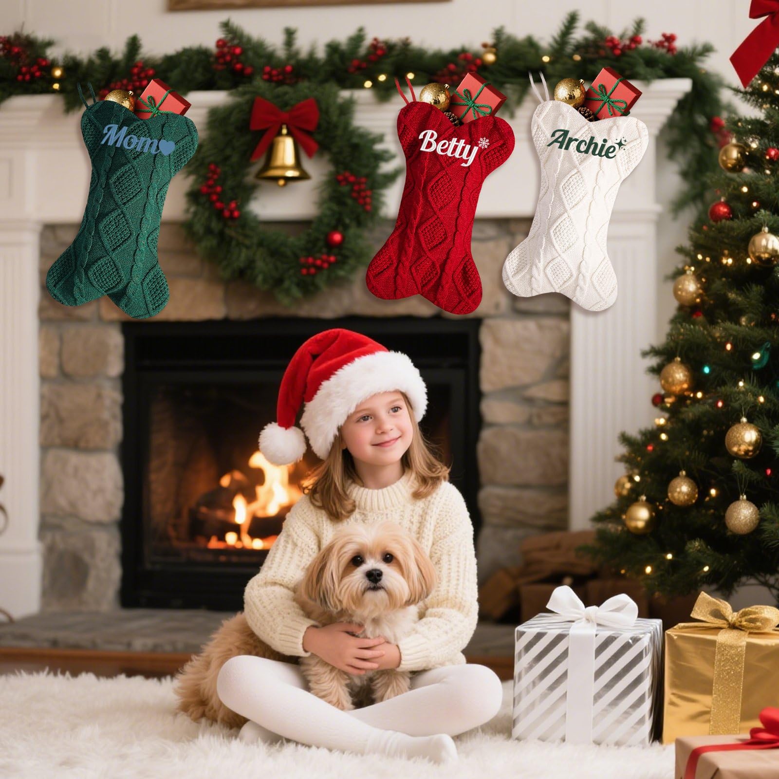 6 calze natalizie divertenti fai da te personalizzate da 41,5 cm a forma di osso con nome ricamato, calze natalizie ricamate a maglia per Natale, feste in famiglia, decorazioni per caminetto