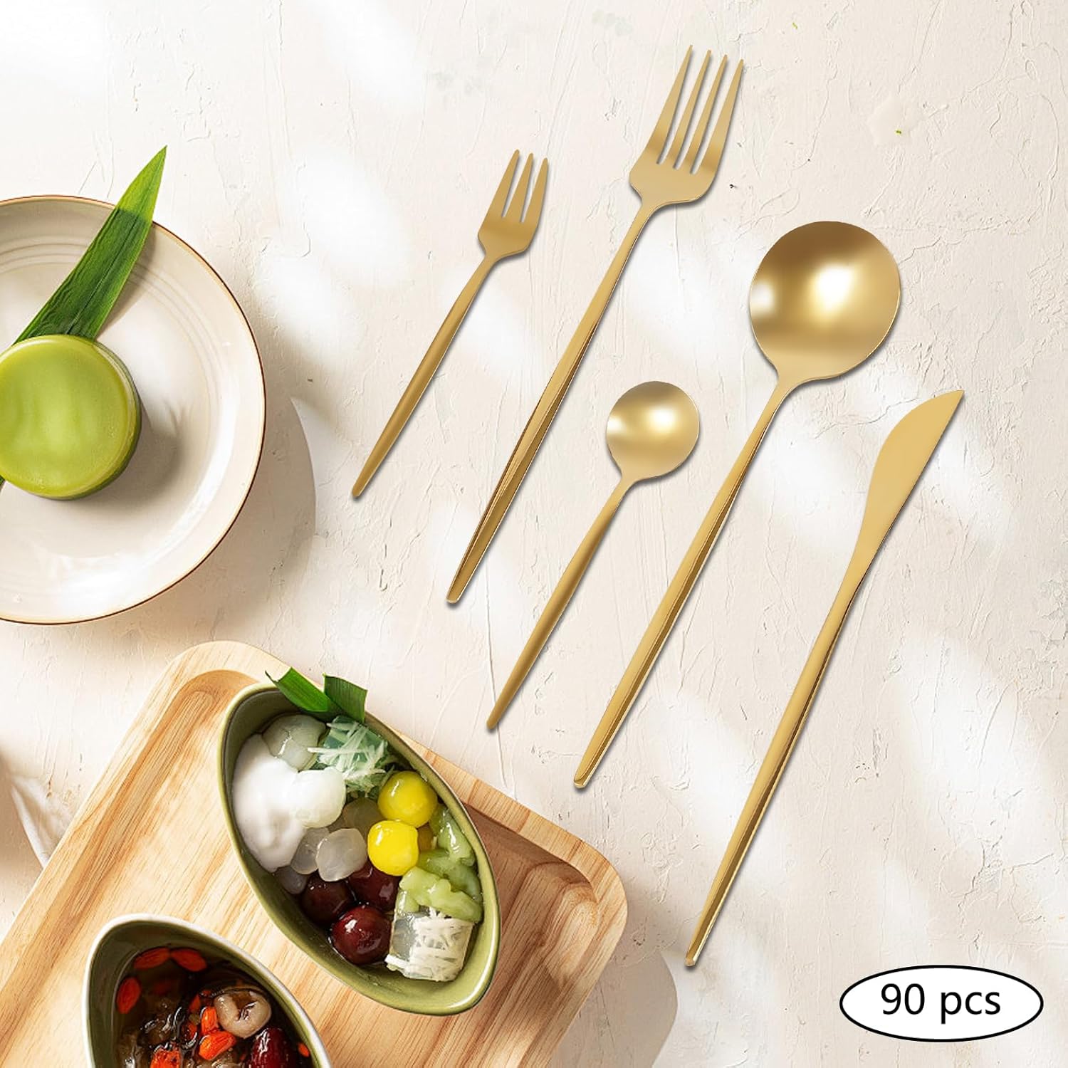 90 Pcs Gold Silverware Set Stainless Steel Flatware Service Set for 18, Kitchen Home Tableware Cutlery Utensils Spoon Fork Knives, Dishwasher Safe