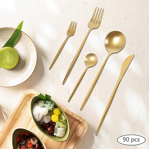 Miniatura 7 de Juego de utensilios dorados de 90 piezas para 5, juego de cubiertos dorados de acero inoxidable, incluye tenedores, cucharas y cuchillos para