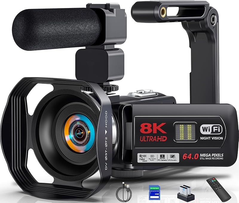 8K 64MP Video Camera Camcorder 18X Zoom WiFi IR Night Vision Camcorders | 3.0'' Touch Screen Webcam Vlogging Camera for YouTube with 64GB SD Card, 2 Batteries, Remote Control, Mic and Stabilizer