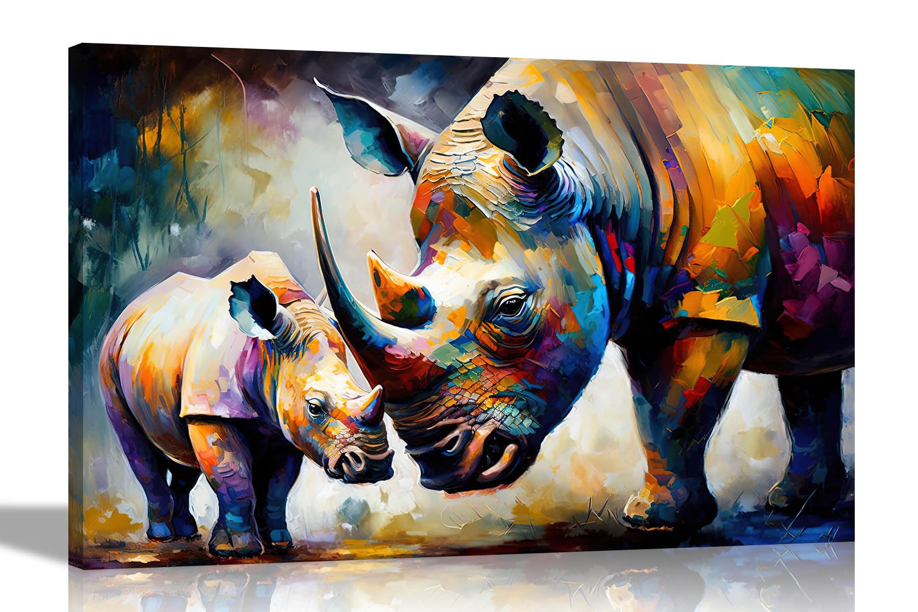 Artley PrintsLoving Rhino Mum and Child Abstract Canvas Wall Art for Living Room, Bedroom, Hallway - Ready to Hang Prints - 40 x 30cm (16 x 12 inches) A3