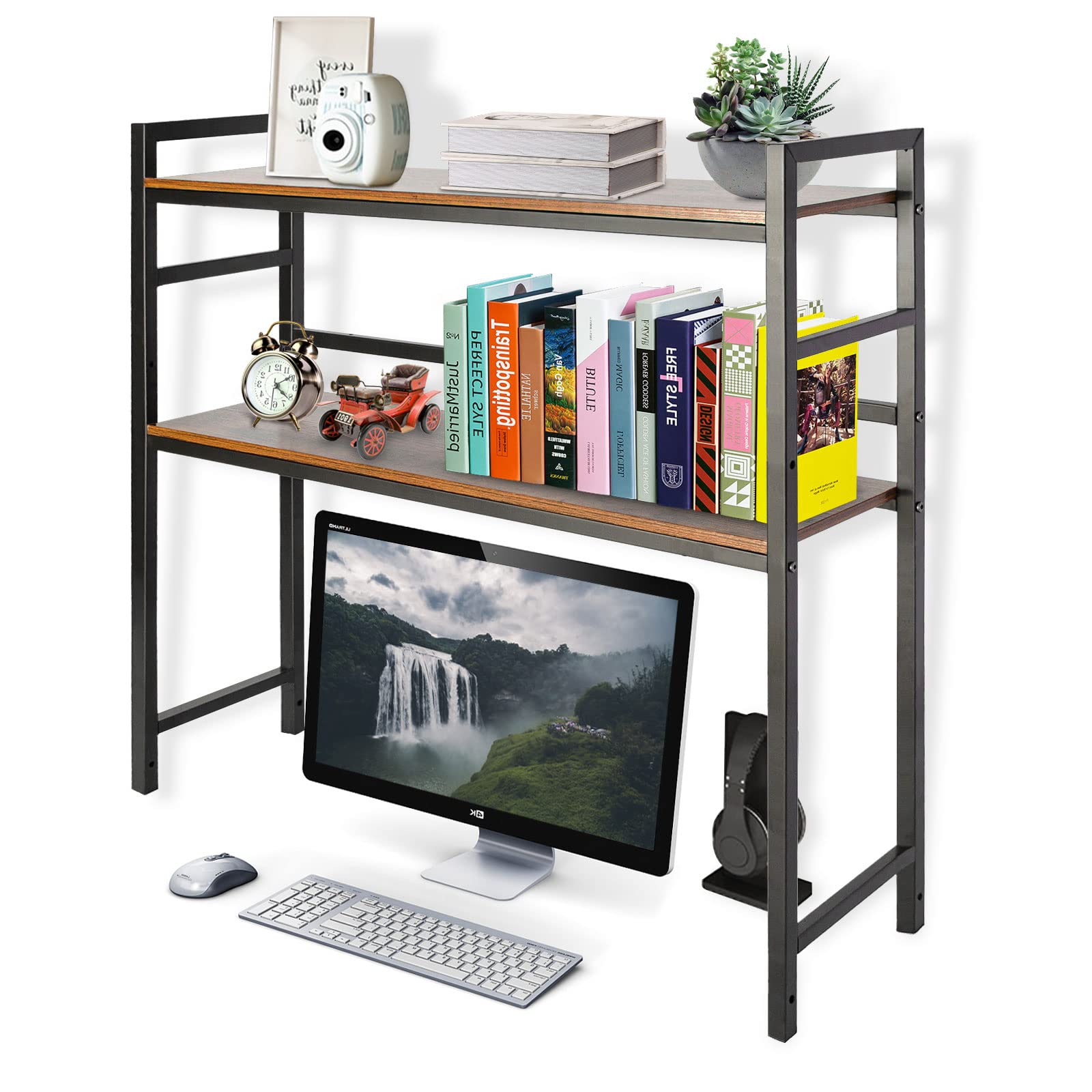 ITHWIUVintage Metal and Wooden 2-Tier 35.5 INCH Length Desktop Bookshelf , Computer Desk Bookshelf, Office Supplies Desk Organizer Display Rack, Black