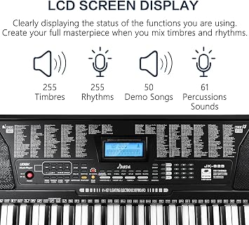 61 Key Portable Electronic Keyboard Piano w/Lighted Full Size Keys, LCD, Headphones, X-Stand, Stool, Music Rest, Microphone, Note Stickers, Built-In Speakers,3 Teaching Modes