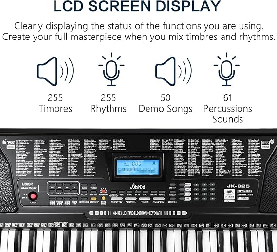 61 Key Portable Electronic Keyboard Piano w/Lighted Full Size Keys, LCD, Headphones, X-Stand, Stool, Music Rest, Microphone, Note Stickers, Built-In Speakers,3 Teaching Modes