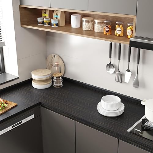 Miniatura 5 de CRE8TIVE Papel tapiz de madera de oro negro de 12 x 354 pulgadas, papel de contacto de grano de madera para encimeras, impermeable, autoadhesivo,