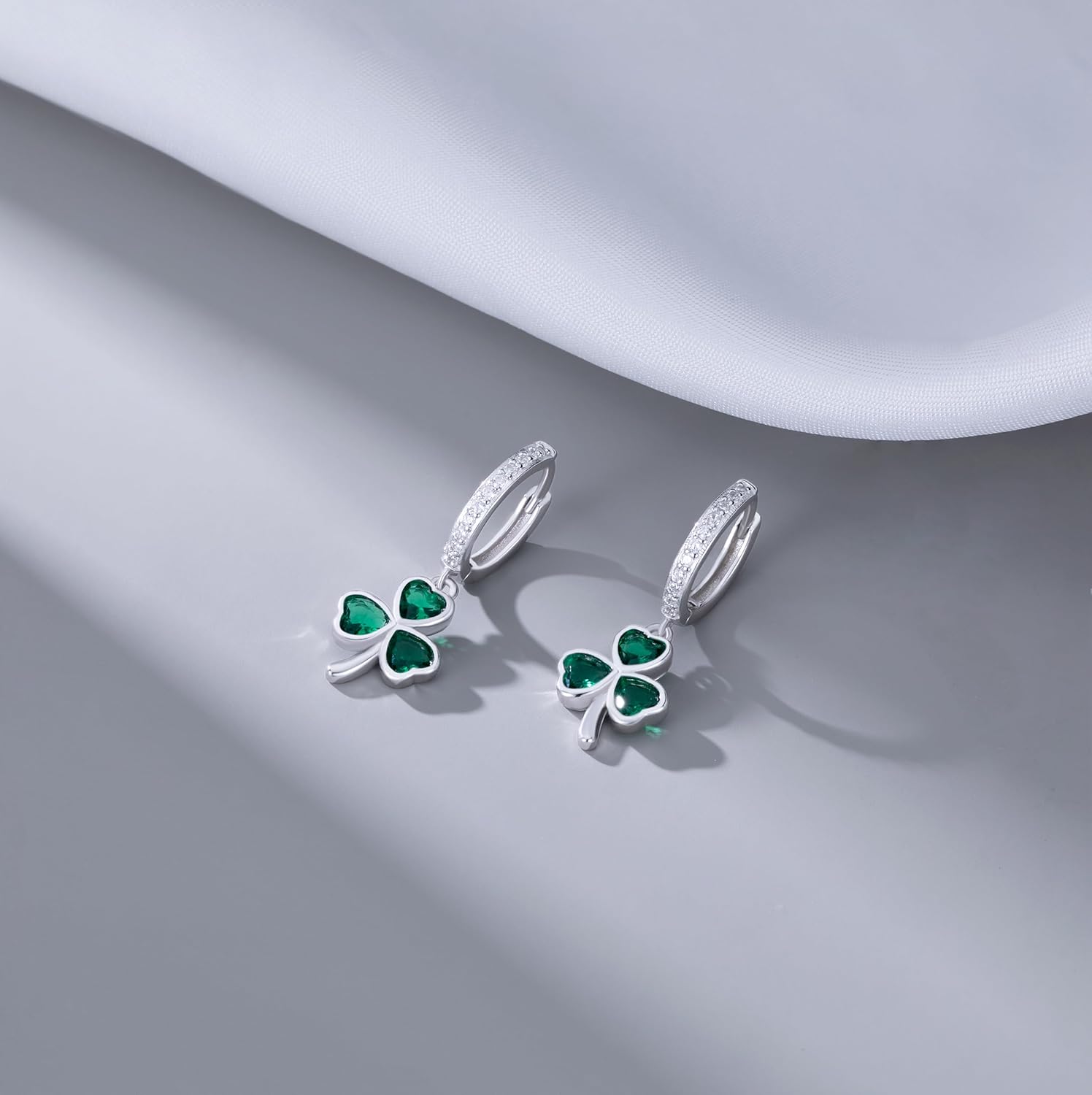 SLUYNZ 925 Sterling Silver CZ Love Clover Hoop Earrings for Women Teens Green Shamrock Huggie Earrings Drop St Patricks Day Earrings