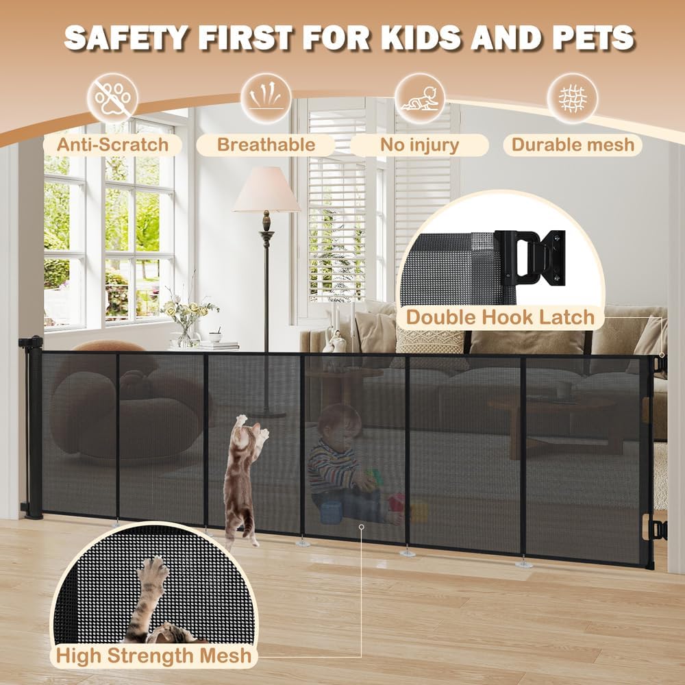 SMONTER Extra Wide Retractable Dog Gates, Mesh Baby Gate with Support Rods Extend to 118" Wide 33" Tall, Portable Safety Retractable Gate for Stairs, Indoor/Outdoor, Black