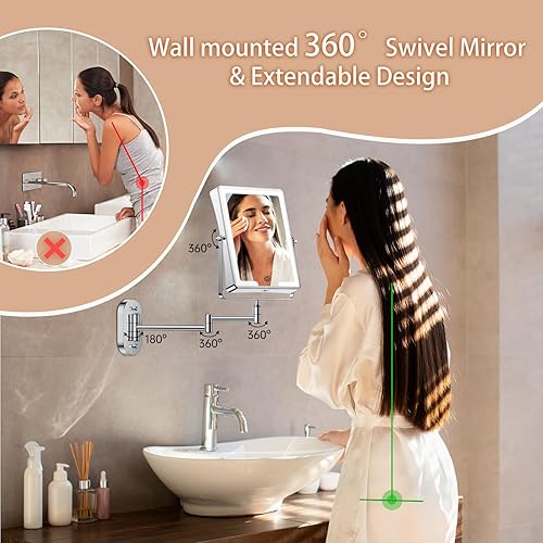 Miniatura 3 de FASCINATE Espejo de maquillaje recargable montado en la pared, espejo de baño rectangular de 8.7 pulgadas de doble cara 1X 10X aumento, ajuste de 3