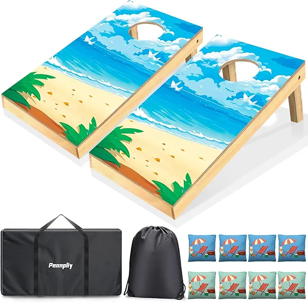 Pennpliy Cornhole Board Set, 2ft x 1ft Regulation Size Solid Wood Cornhole Set with 8 Bean Bags,2 Cornhole Boards, 1 Carry Bag, Corn Hole Games for Kids Indoor Outdoor Toss Games Beach Competitions