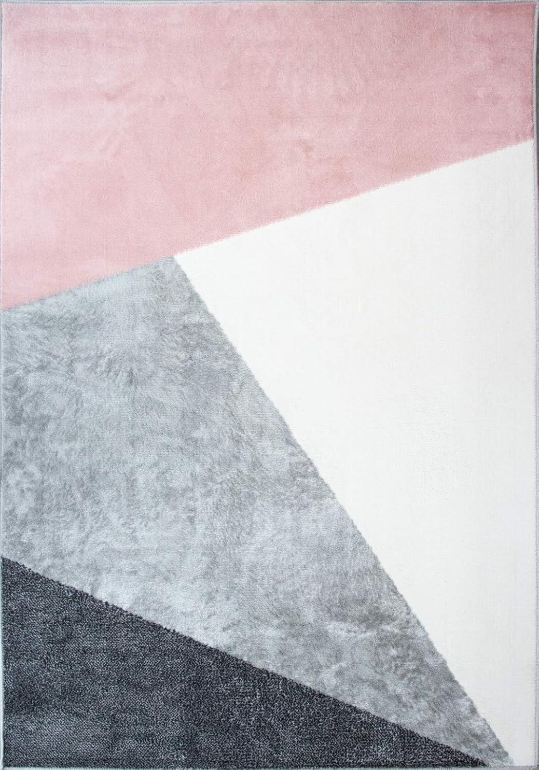 Luxury Modern Blush Pink and Grey Block Rug Durable Plush Abstract Geometric Affordable Silver