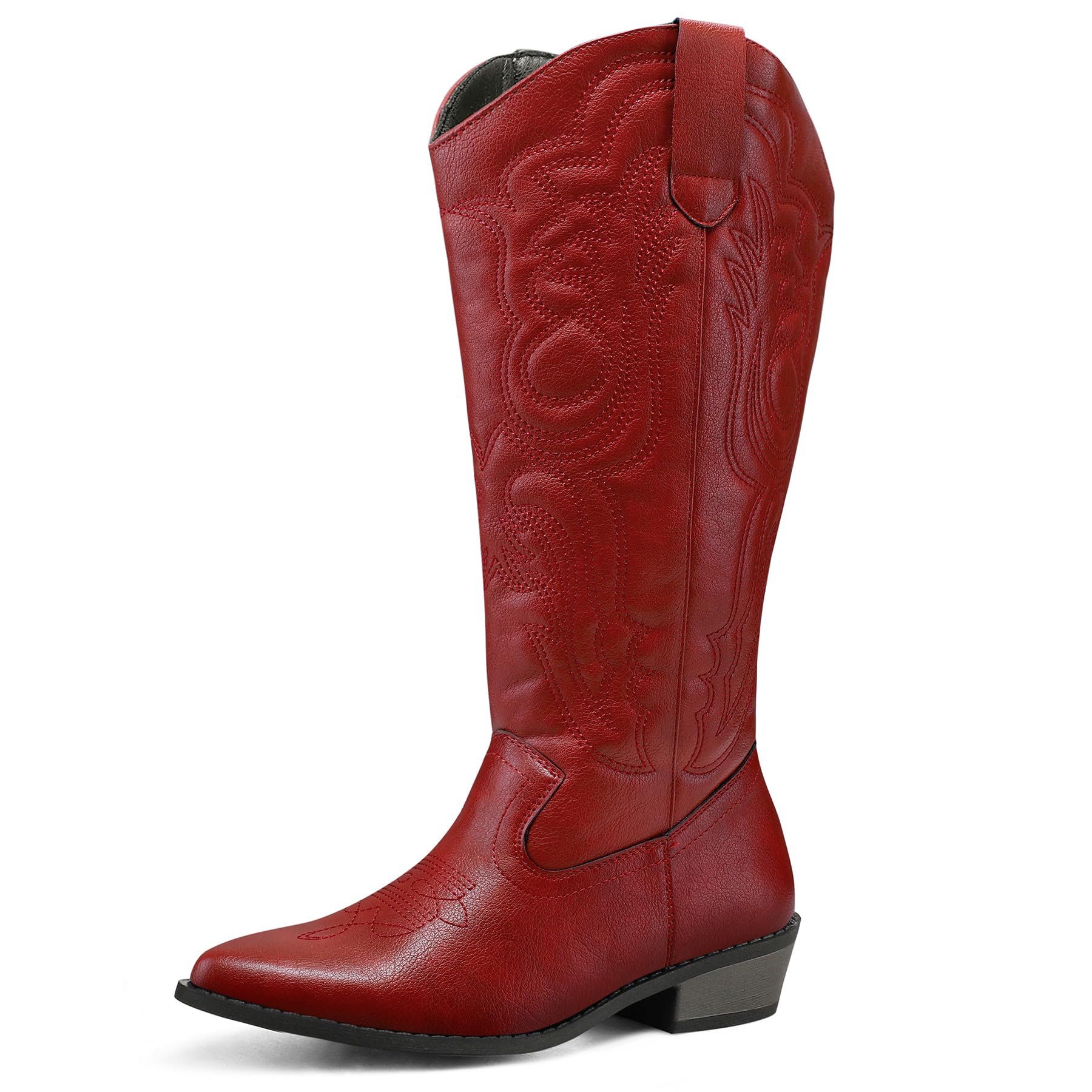 mysoft Womens Wide Calf Cowboy Boots Pull on Cowgirl Embroidered Mid Calf Pointed Toe Chunky Heel Western Boots