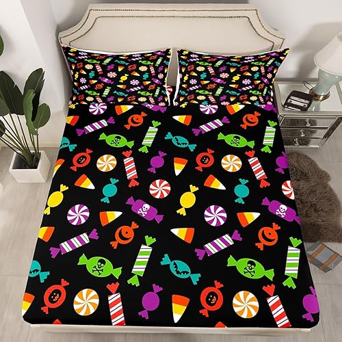 Miniatura 8 de Juego de sábanas de Halloween tamaño King, juego de sábanas de calabaza con cara de fantasma, color dorado y negro, ropa de cama de Halloween para