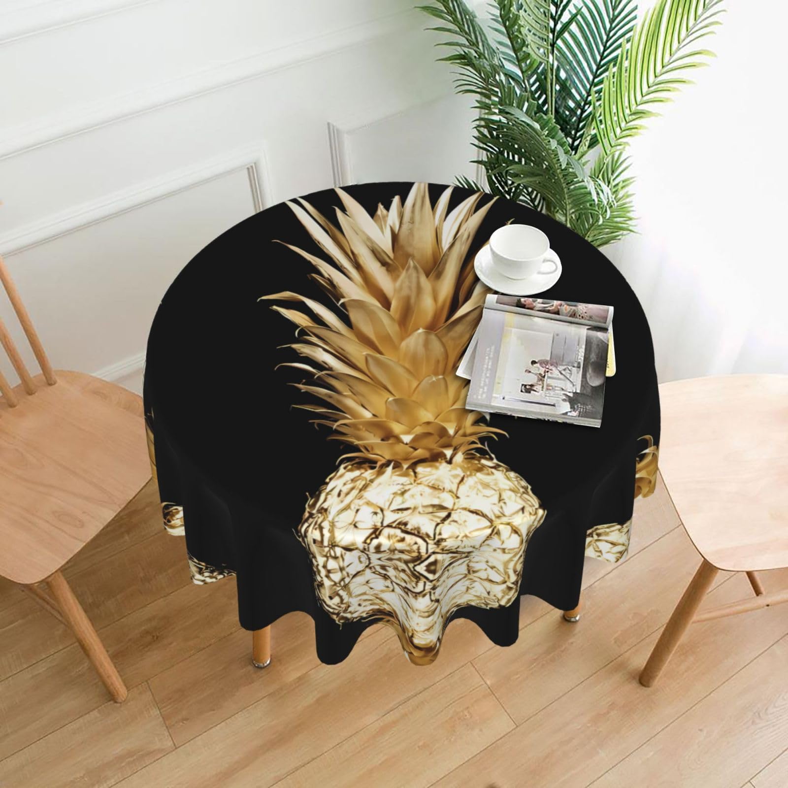 YYHWHJDE Gold Pineapple Prints Round Decorative Tablecloth 60in - High-Grade Polyester Throw for Elegant Dining & Festive Gatherings