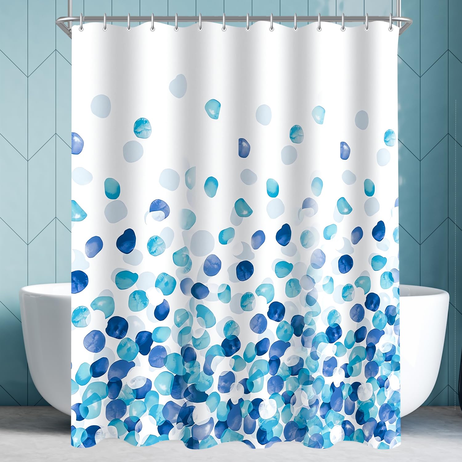 Lerores Shower Curtain, 300 x 200 cm, Blue Petals, Weighted Hem, Anti-Mould Textile, Water-Repellent
