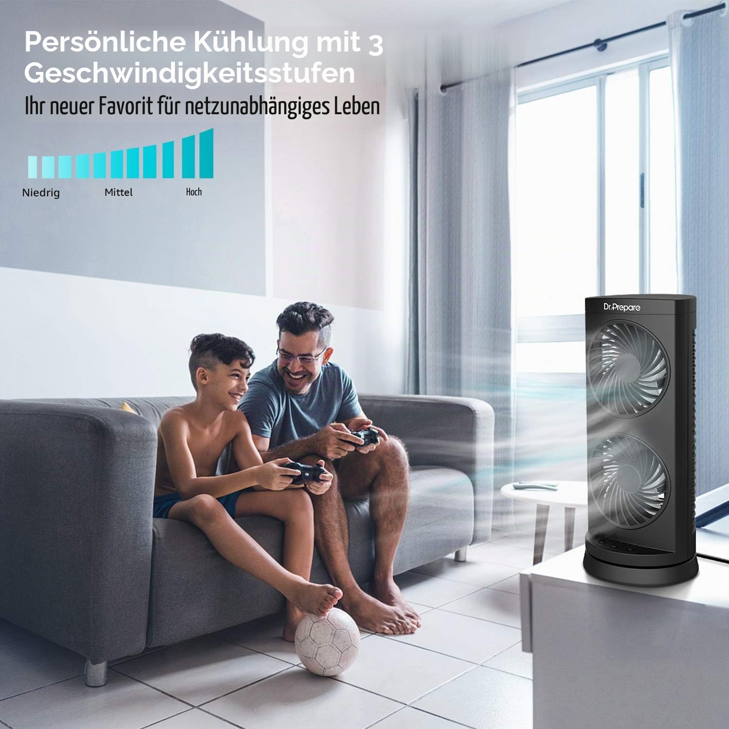 DR.PREPARE Tischventilator 30cm Turmventilator 3 Stufen 110° Oszillation 3 Timer Table Fan