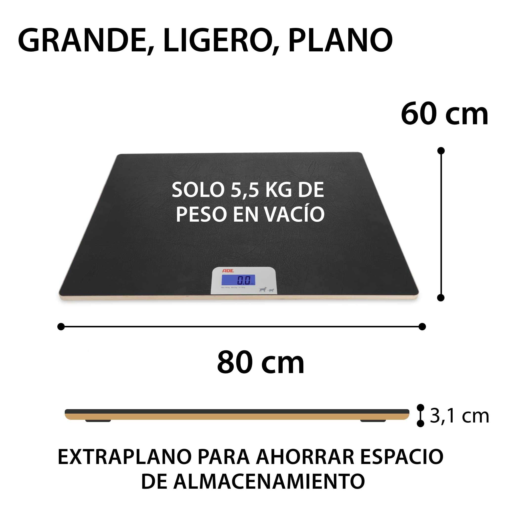 ADE Báscula digital para mascotas de hasta 100 kg | báscula para perros grandes XL | extra ligera y plana | superficie que no daña las patas | también para gatos y animales pequeños