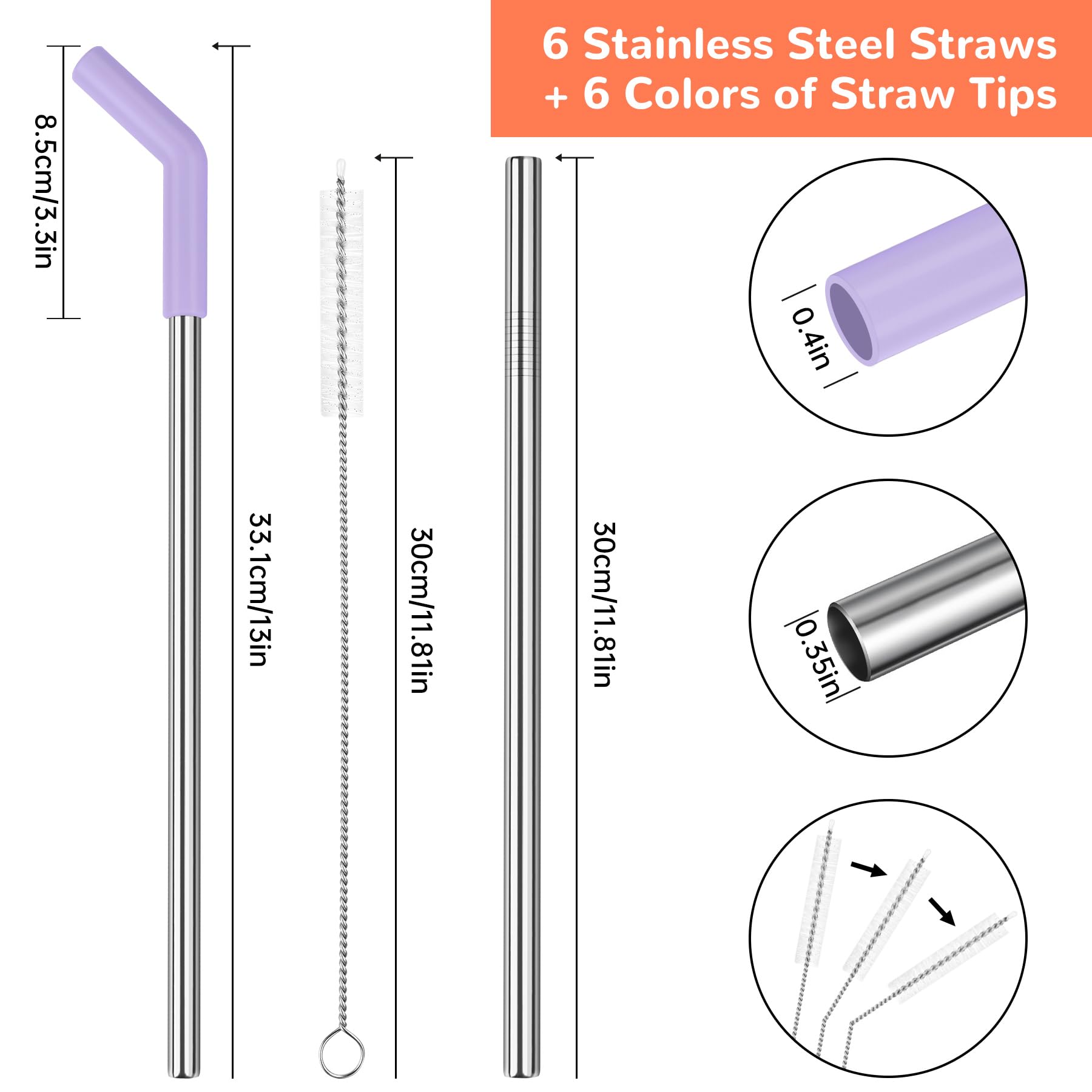 Tomorotec 6 pajitas de acero inoxidable con punta de silicona aptas para vasos Stanley de 40 onzas con 2 cepillos de limpieza, 13 pulgadas de largo, sin BPA, saludables y seguras para exteriores y