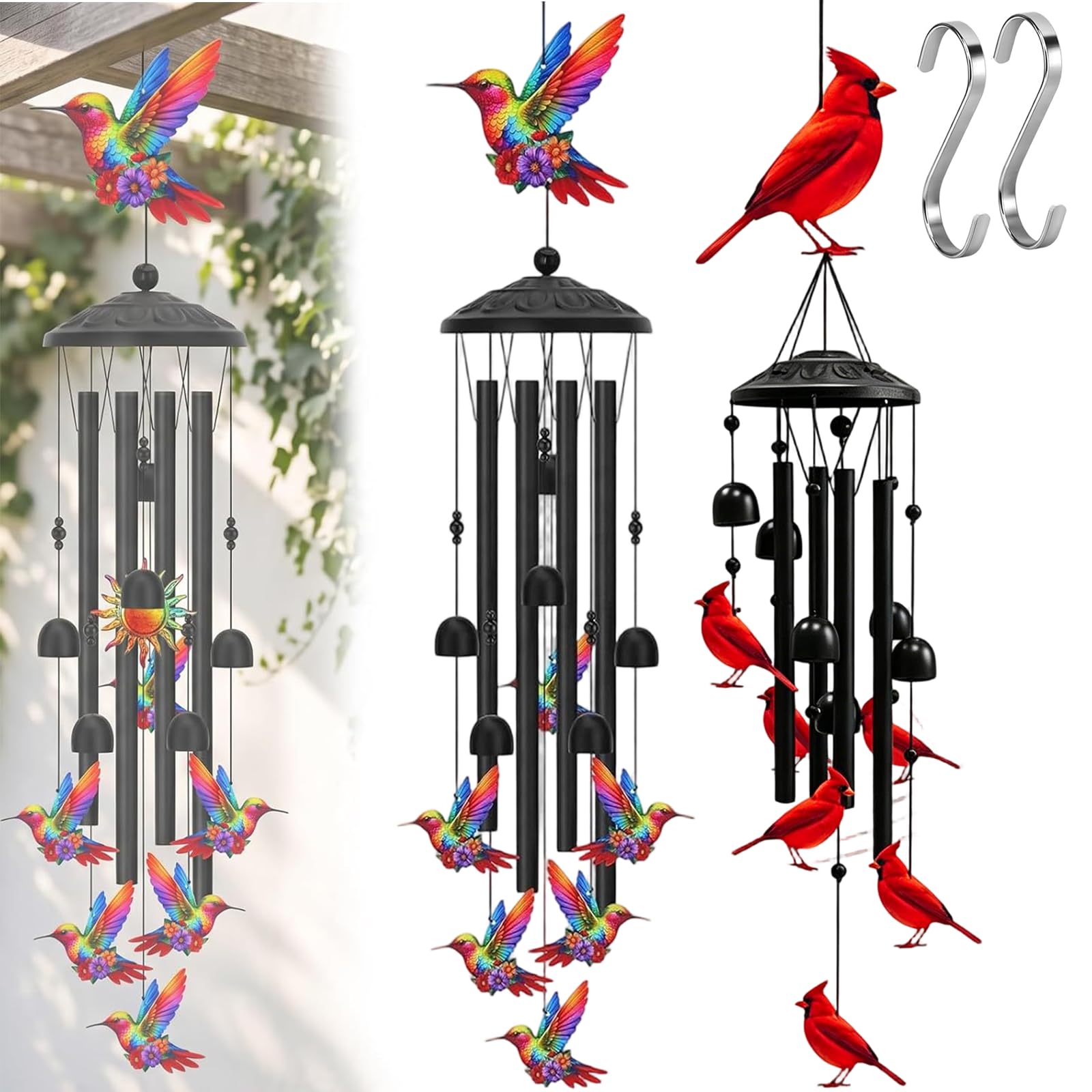 2026 New Colorful Hummingbird Wind Chime for Outside Bird Lovers, Wind Chimes Indoor for Home Ornament, Outside Metal Windchimes for Patio, Porch, Yard Decor (2PC-C)