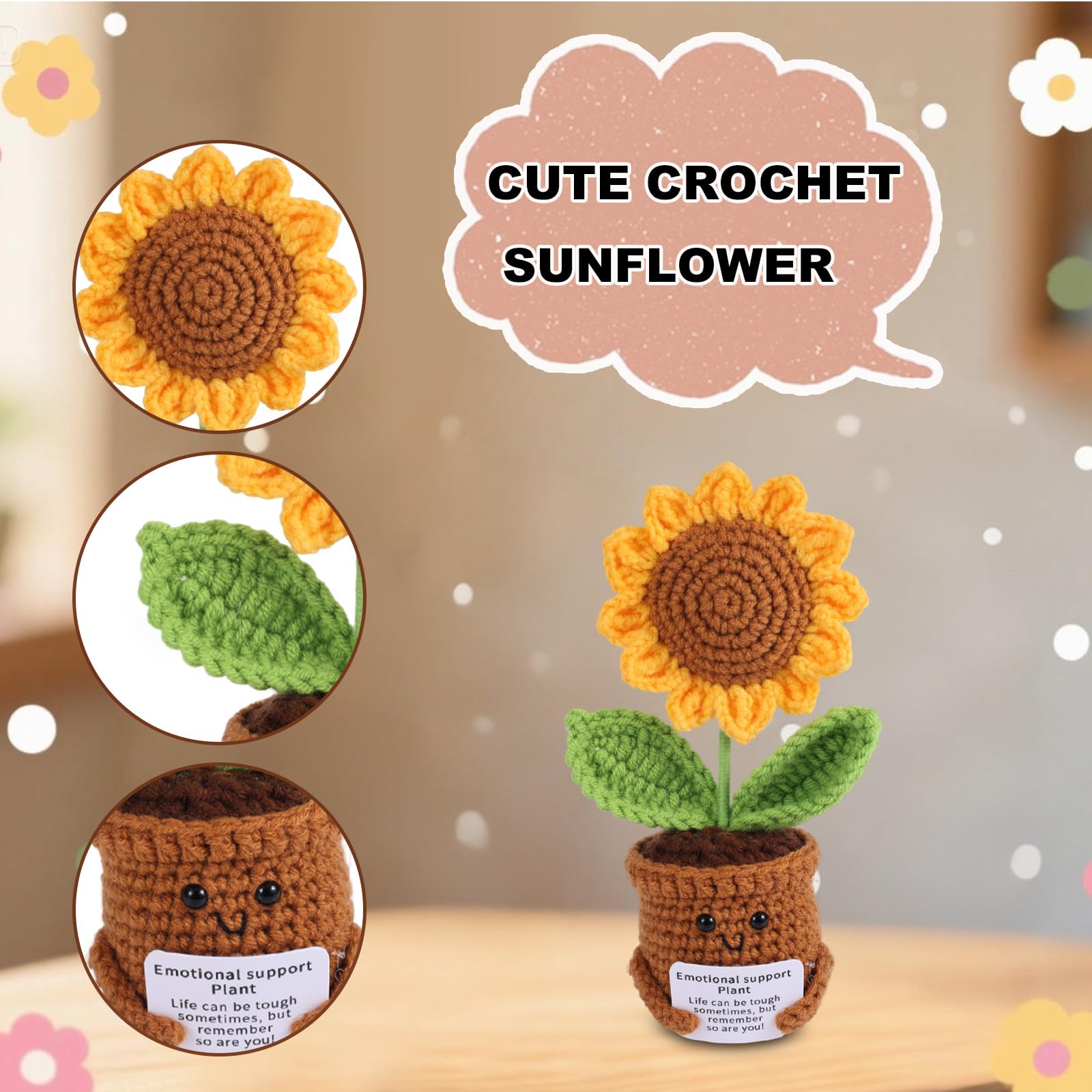 Smileshiney 3 fiori fatti a mano all'uncinetto, pianta a forma di cuore, 5 x 5 x 13 cm, piante in vaso all'uncinetto, pianta di supporto emotivo, girasole all'uncinetto, motivo fiori all'uncinetto