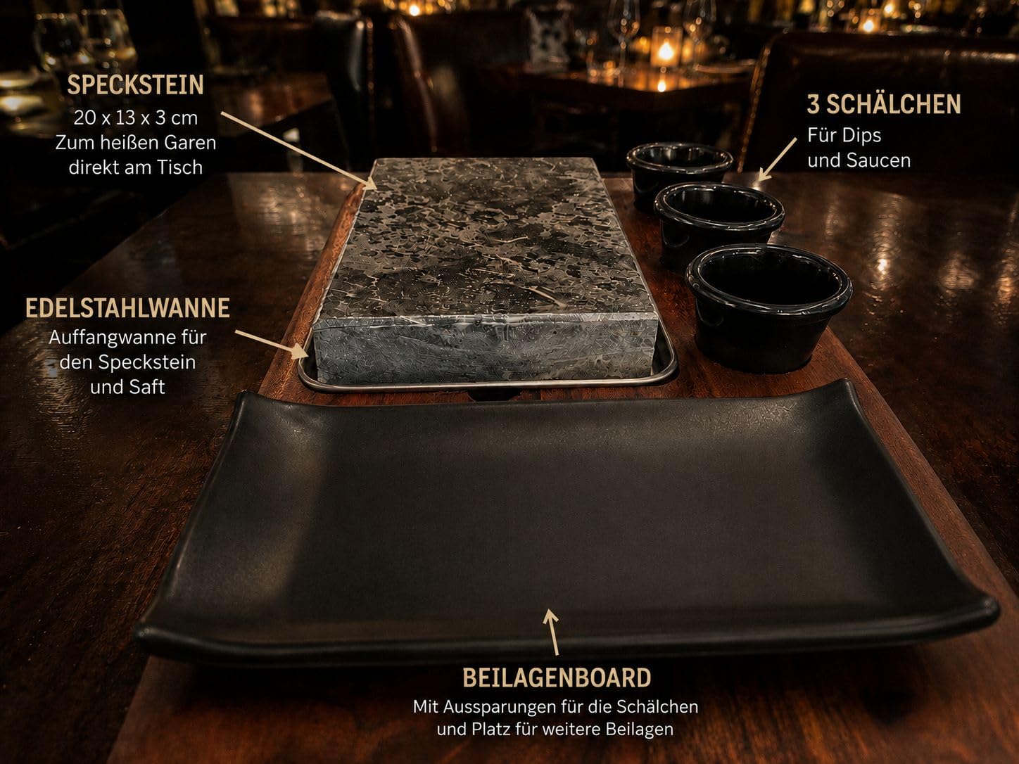 Heißer Stein Steak Set mit Akazienholzbrett – Lavastein zum Grillen am Tisch, Steakstein mit Edelstahlschale & 3 Dip-Schalen, Hot Stone Grill für Steak & Fleisch