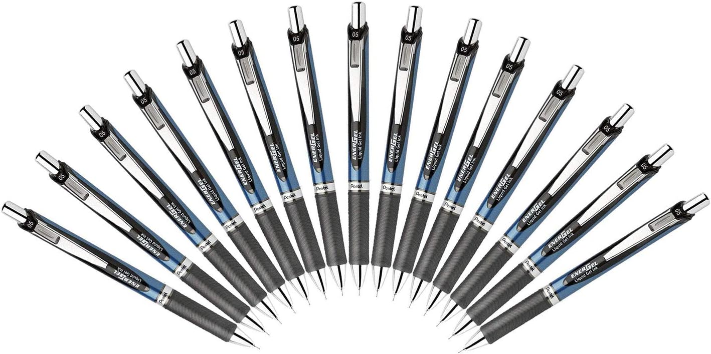 EnerGel Deluxe RTX Retractable Liquid Gel Pen - 0.5mm - Fine Line - Needle Tip - Black Ink/ Blue&Black Body/Total 15Pens Set