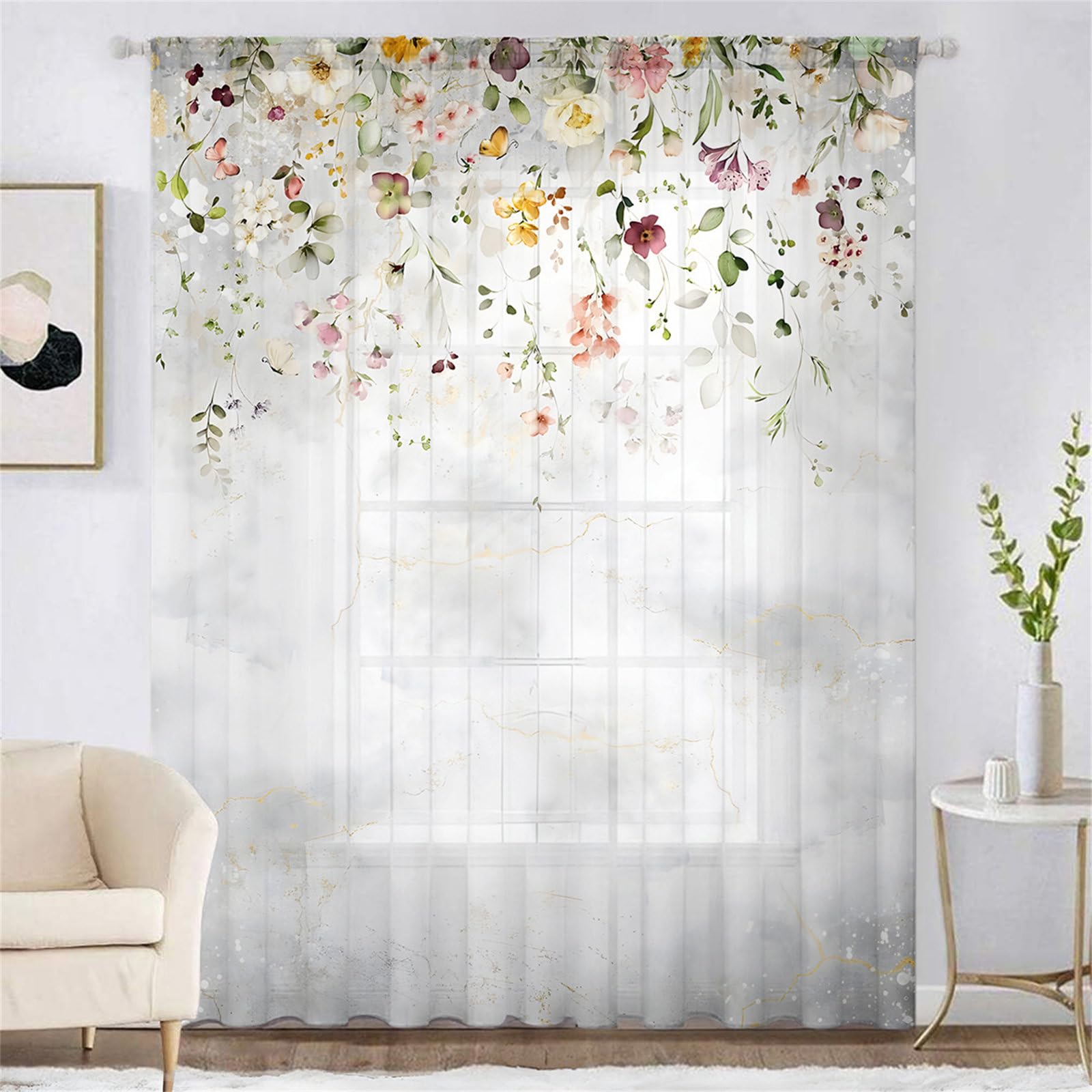 Surwin Net Curtains for Windows, 1 Panels Voile Curtain, Flower and Bird Series with Eyelets, Semi Transparent Lightweight Voile Panel for Living Room Bedroom Balcony (White 2,W132xH213cm)