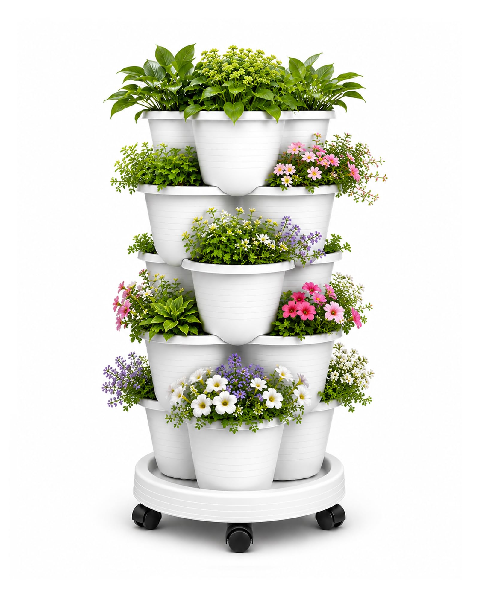 Bamworld 5-Tier Stackable Strawberry Planter Tower with Locking Wheels, Vertical Garden Planter for Strawberries, Herbs, Vegetables & Flowers, Indoor & Outdoor Use, White