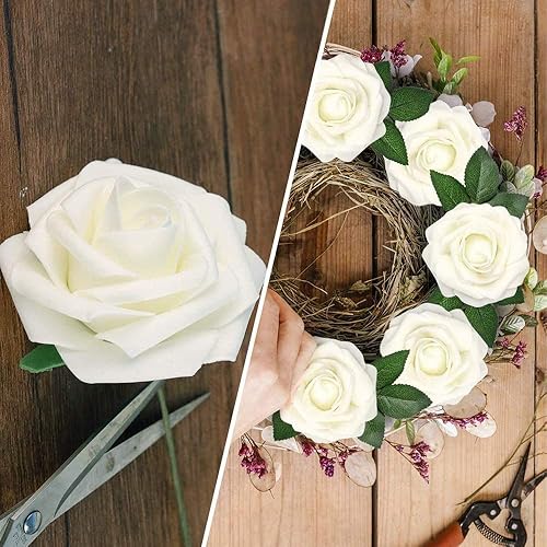 Miniatura 4 de Flores artificiales, 25 unidades, rosas falsas de aspecto real con tallos para ramos de boda, centros de mesa de baby shower, arreglos florales,