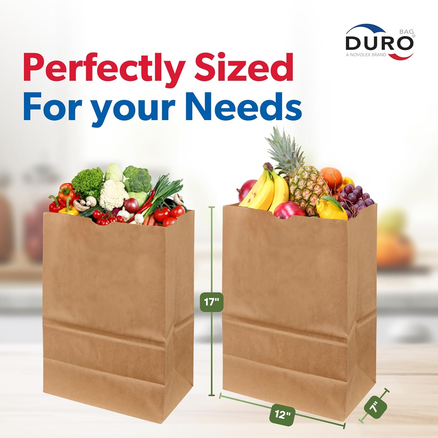 DURO 70# Extra Large Brown Paper Bags Bulk, 12x7x17 Inches, 300-Count, 1/6 Heavy-Duty Brown Paper Grocery Bags Without Handle, Ideal for Food Take-Out, Grocery Shopping, Trash & Recycling Sacks