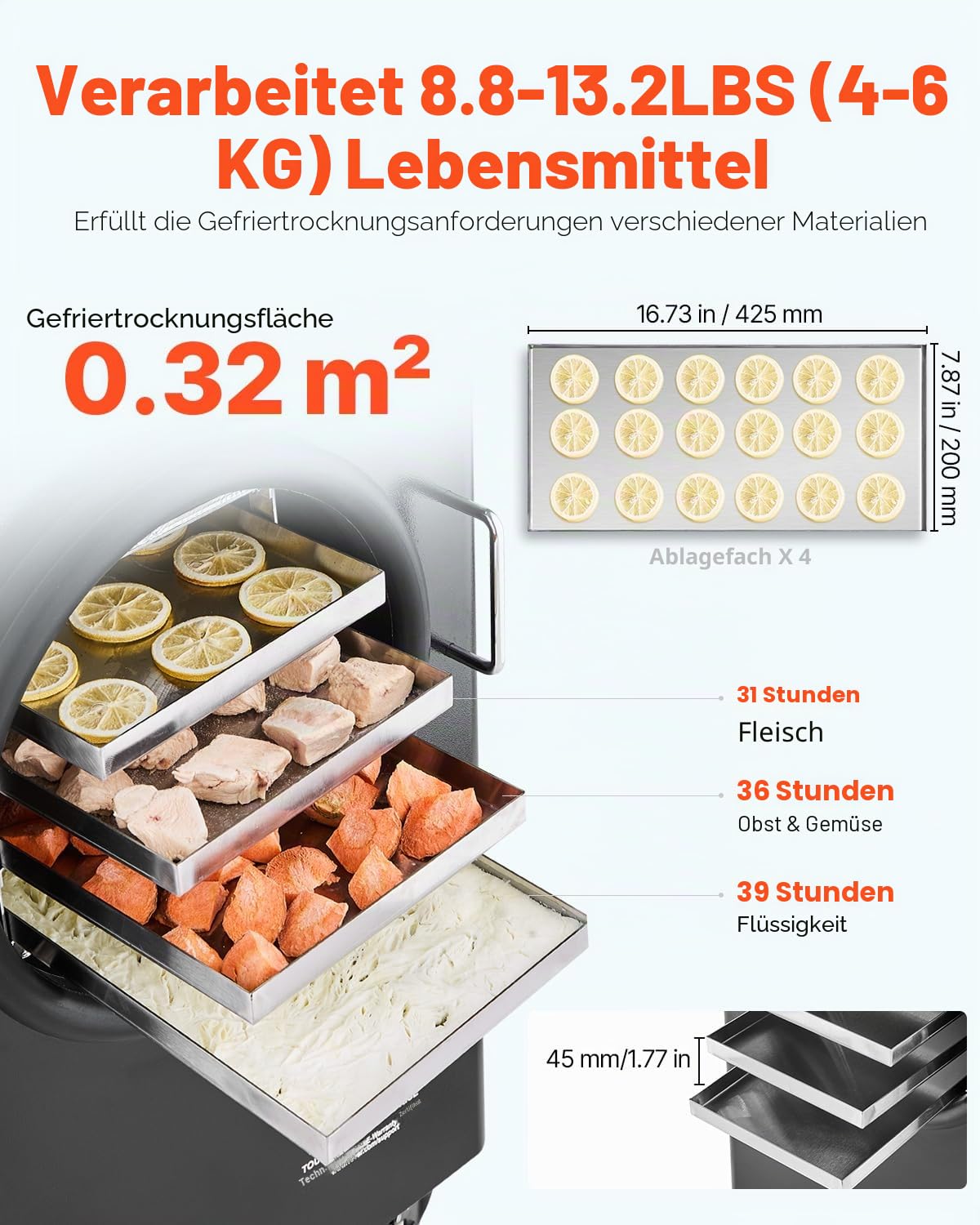 VEVOR Gefriertrockner Gefriertrocknungsmaschine Trocknungsausrüstung (4–6 kg Kapazität) für Lebensmittel mit 4-lagigen Tabletts & einstellbarer Temperatur und Zeit, für Früchte Obst Schwarz