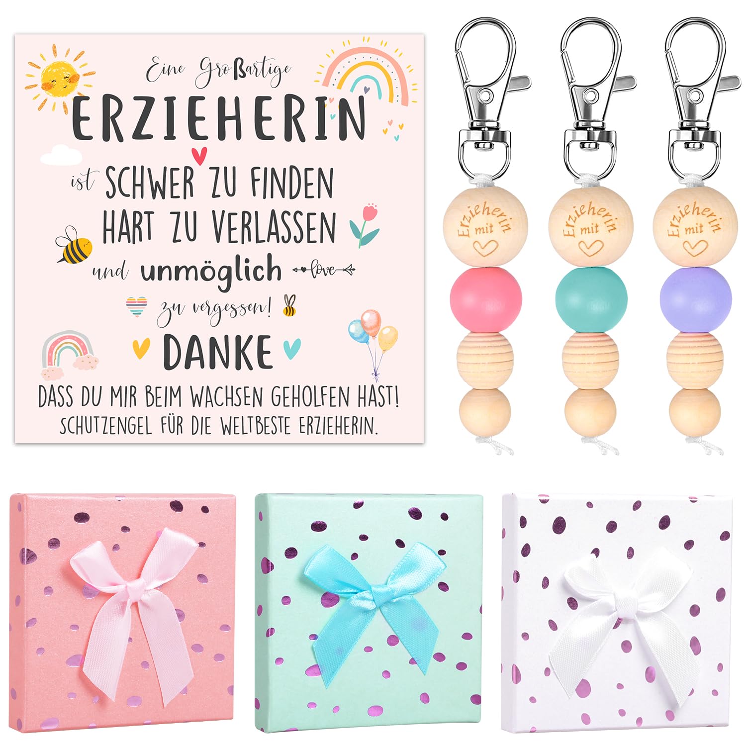 iZoeL 3 STK Dankeschön Geschenk Abschiedsgeschenk Schlüsselanhänger mit Anhänger Holz Abschiedsgeschenk Erzieherin Lehrerin Kindergarten Tagesmutter Lehrer Glücksbringer mit Grußkarte Geschenkbox