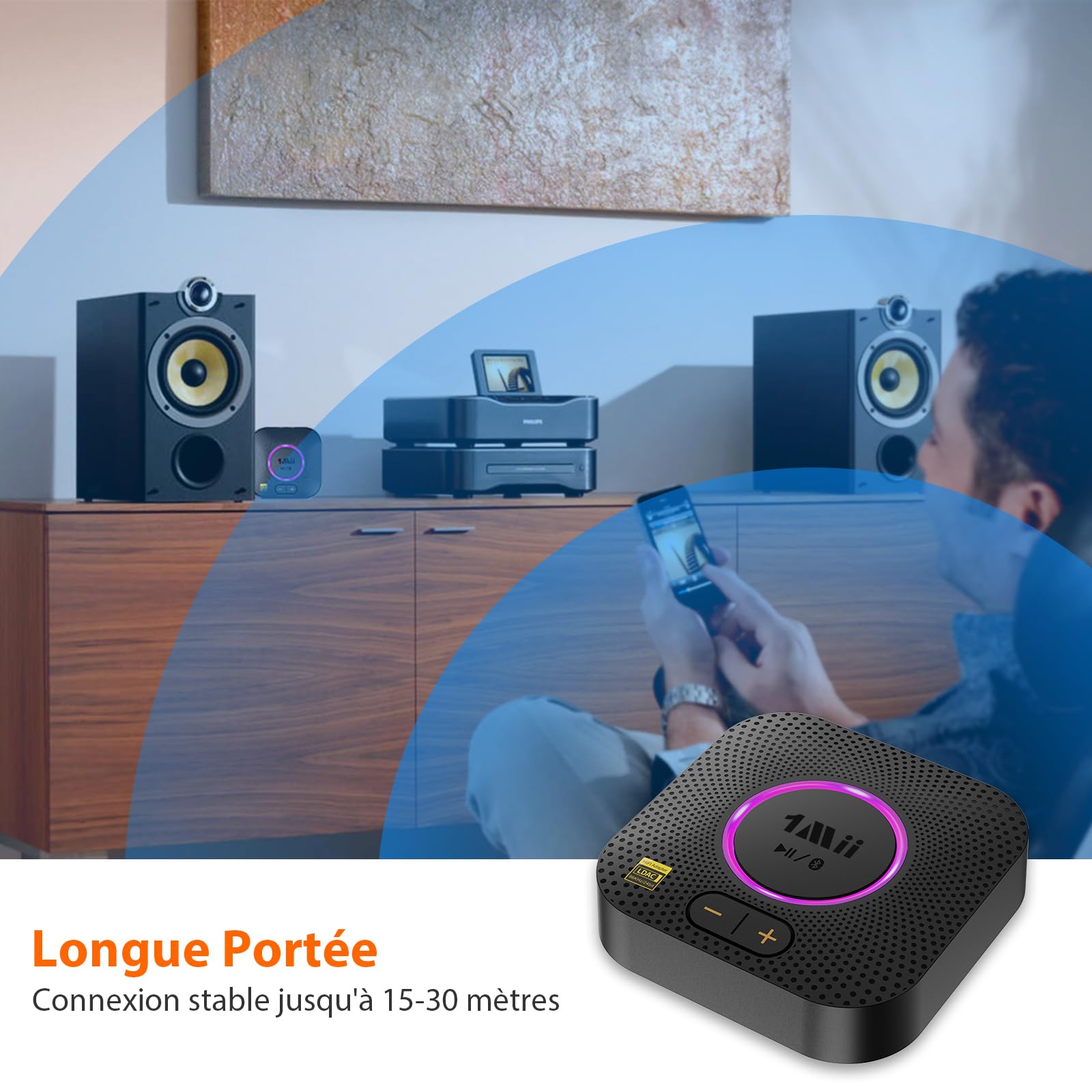 1Mii B06S+ LDAC Recepteur Bluetooth 5.3 Haute Résolution Stéréo à Domicile | Adaptateur Audio pour Musique sans Fil Hi‑Fi avec aptX HD/Faible Latence, Récepteur de Contrôle du Volume Longue Portée