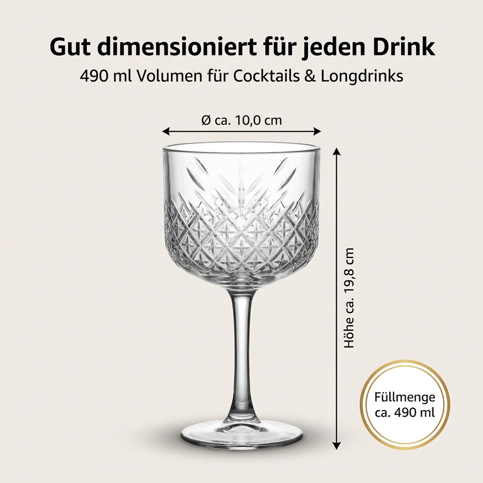 by Pasabahce Timeless Cocktailgläser 490 ml, 12er Set, Gläser aus Kristallglas, Facettenschliff, spülmaschinengeeignet
