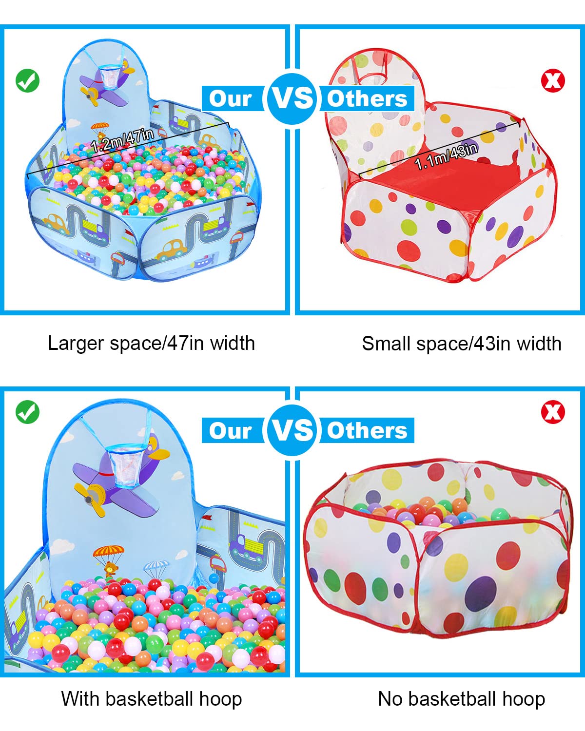 MAIKEHIGH Piscina di Palline per Bambini, Piscinetta da Gioco Pieghevole Pop-up con Cerchio da Basket, Regalo per Ragazzi Ragazze Regalo di Natale (Palline Non Incluse)