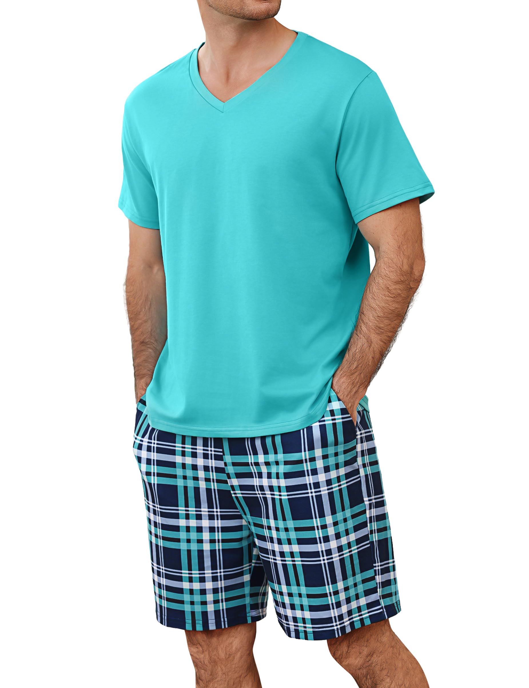 Bresdk Pyjama Homme Court en Coton Ensemble de Nuit 2 Pièces avec T-Shirt Col en V et Short à Carreaux Vêtement de Détente Léger et Respirant pour Été