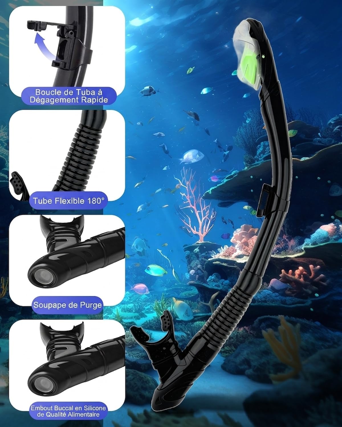 Masque de Plongée avec Vision Panoramique 180°,Masque Tuba Adulte Anti-Buée et Anti-Fuite avec Verre Trempé HD, Lunette Tuba Snorkeling RéGlable pour Natation, Plongée et Apnée