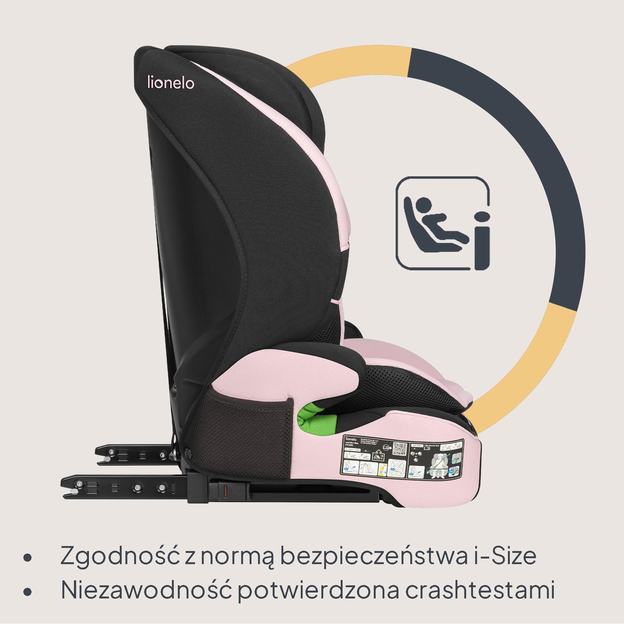 LIONELO LEVI FIX I-SIZE Dziecięcy Fotelik Samochodowy 76-150 cm do 36 kg, Grupa 1 2 3, Ochrona Boczna, 10 stopni Regulacji Zagłówka, Montaż ISOFIX i pas Top Tether, R129 i-Size