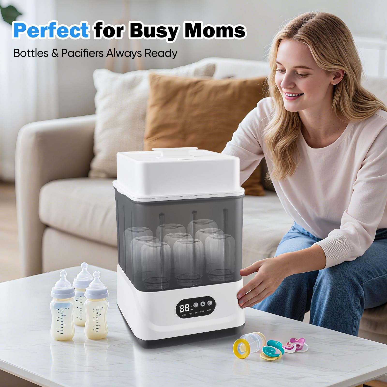 Esterilizador y secador de biberones, esterilizador a vapor eléctrico 4 en 1, con capacidad para 9 biberones y chupetes, esterilizador a vapor de 2 capas para biberones y accesorios