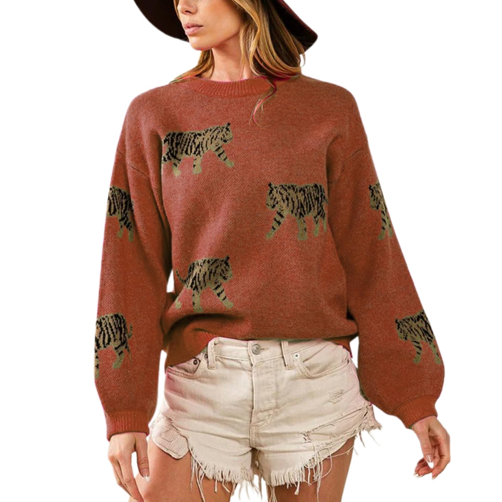 Womens Tiger Print Oversized Knit Sweater Casual Loose Fit Long Sleeve Pullover for Fall Winter Multiple Colors