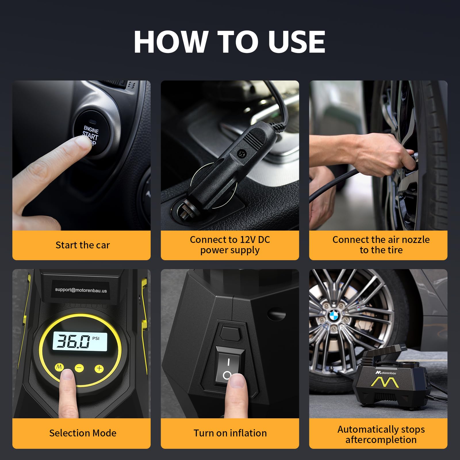 Motorenbau Compresor Aire Portatil, Inflador Ruedas Coche 150 PSI, Inflador  de Neumáticos de 12 V CC con Manómetro Digital y Luz LED para Neumáticos de  Auto, Motos y Bicicletas : Amazon.es: Coche