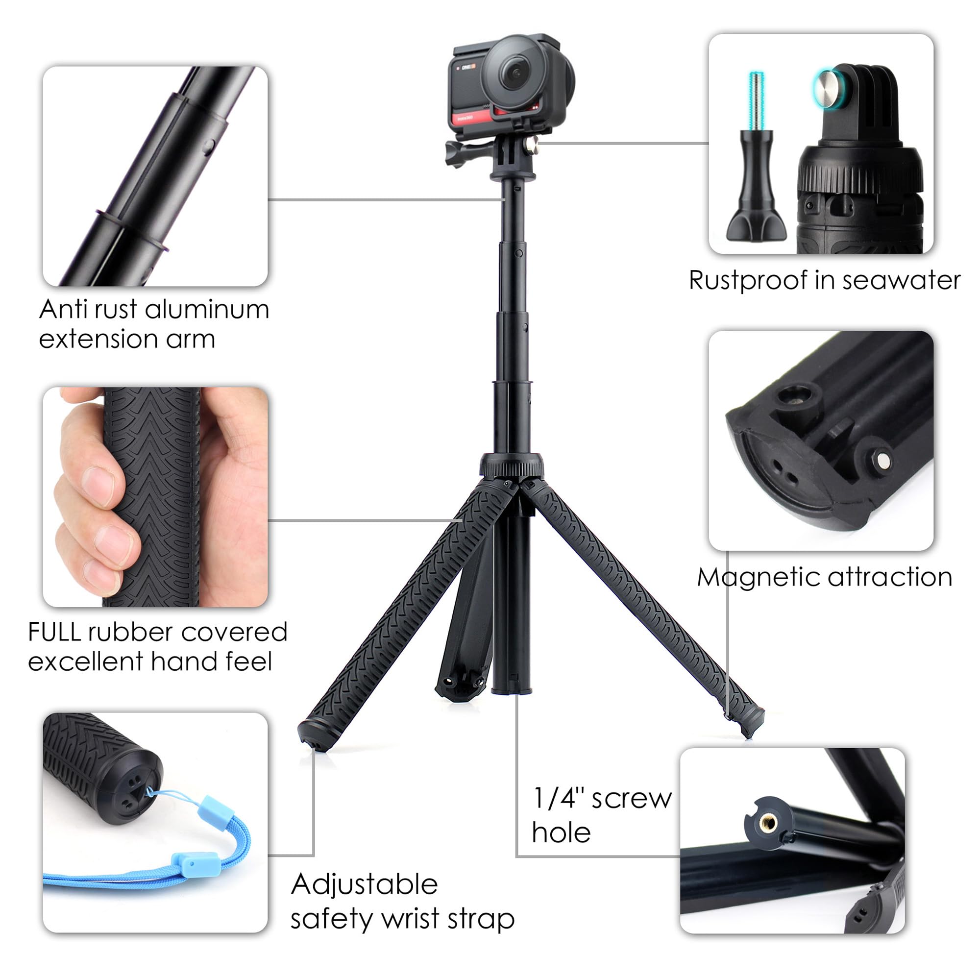 Perche à selfie en aluminium et poignée flottante pour caméra d'action GoPro Hero 11 10 9 8 7 6 5 4 3 Max AKASO SJCAM DJI OSMO - Utilisé comme perche télescopique monopode